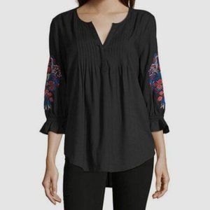 Liz Claiborne Black Embroidered Sleeve Peasant Bohemian Top Blouse 1X